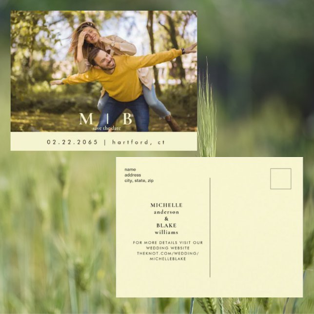 Cartão Postal Casamento de Foto Amarelo Monograma Salvar a Data (Criador carregado)