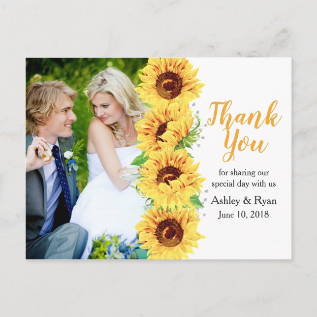Cartão Postal Casamento de Foto Amarelo Sunflower Obrigado (Frente)