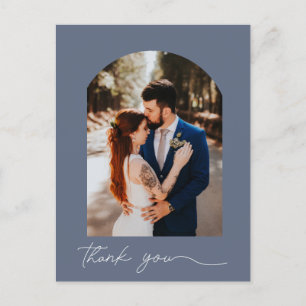 Cartão Postal Casamento de Foto Azul Elegante Obrigado