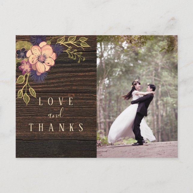 Cartão Postal Casamento de Foto de Madeira Obrigado (Frente)