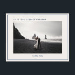 Cartão Postal Casamento de Foto de Marfim Azul Obrigado<br><div class="desc">Na moda azul-marinho simples personalizado Casamento de fotos Legal do marfim Moderno Obrigado Cartões-postais com fontes elegantes e minimalistas sans-serif, fotos personalizadas, nomes de casais, endereço do remetente, data e local do casamento, link do site para convite, fundo totalmente personalizável e uma borda negra legal e ousada (opcional). Personalize seu...</div>