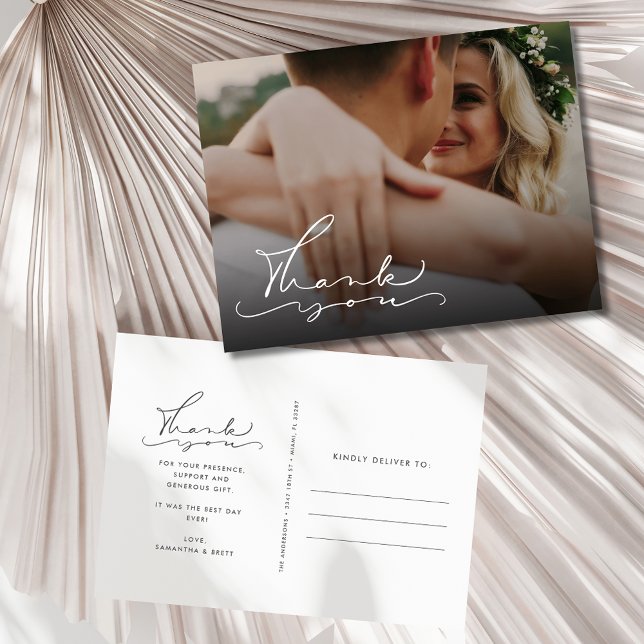 Cartão Postal Casamento de Foto de Script Elegante Obrigado (Elegant Script Photo Wedding Thank You Postcard)