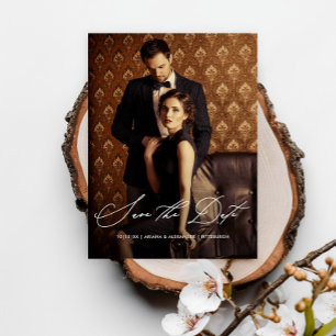 Cartão Postal Casamento de Foto do Script Elegante Salve a Data