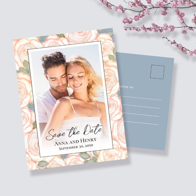 Cartão Postal Casamento de Foto Elegante Salve a Data (Wedding Save the date photo postcard template. )