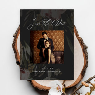 Cartão Postal Casamento de Foto Floral Preto Elegante Salve a Da