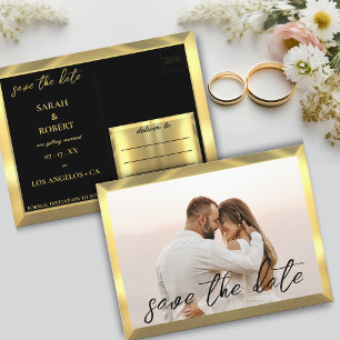 Cartão Postal Casamento de Fotografias Preto e Dourado