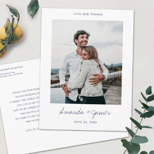 Cartão Postal Casamento de Fotos com Script Azul Moderno Obrigad