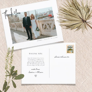 Cartão Postal Casamento de Fotos com Script Minimalista Obrigado