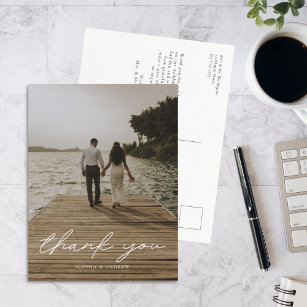 Cartão Postal Casamento de Fotos de Script Moderno Obrigado
