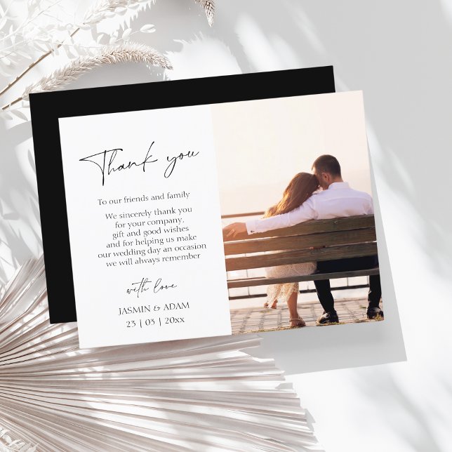 Cartão Postal Casamento de Fotos Simples de Script Preto Obrigad (Criador carregado)