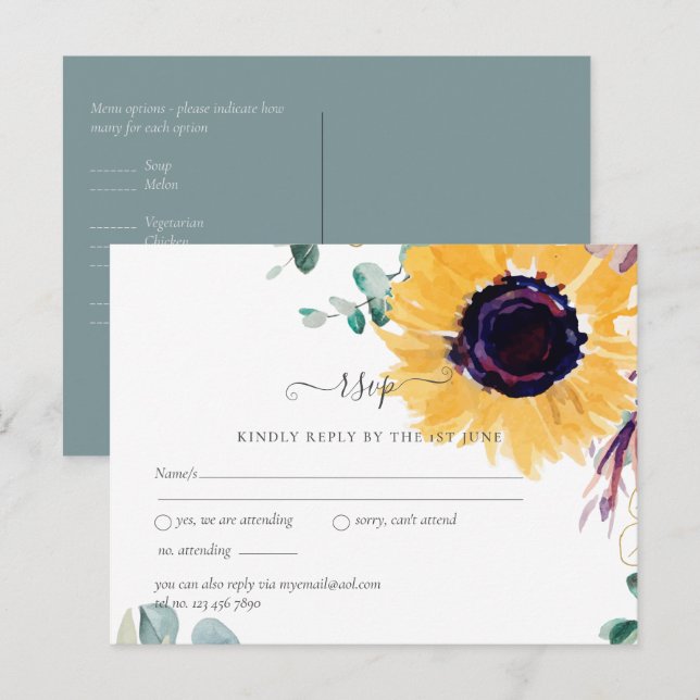 Cartão Postal Casamento de Girassóis de Verão com Eucalipto (Frente/Verso)