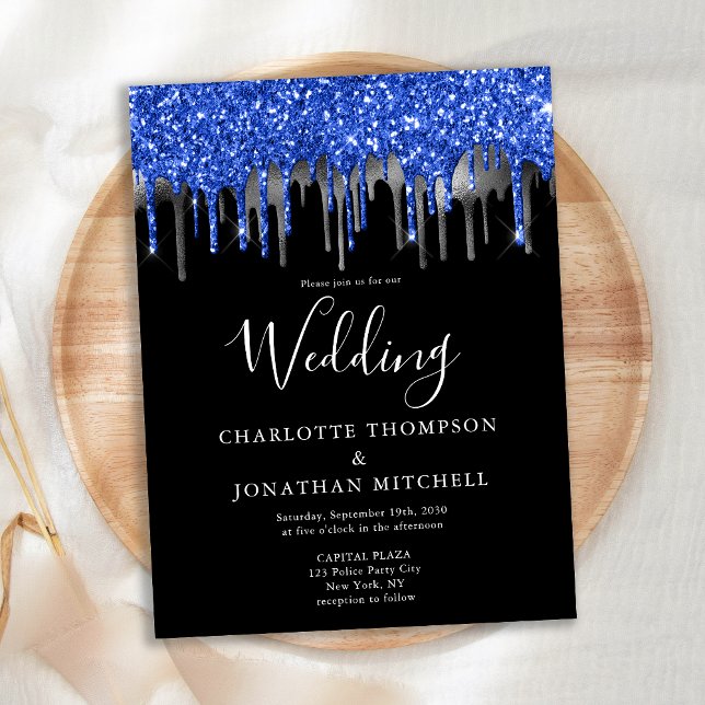 Cartão Postal Casamento de Glitter Azul Negro Elegante (Criador carregado)