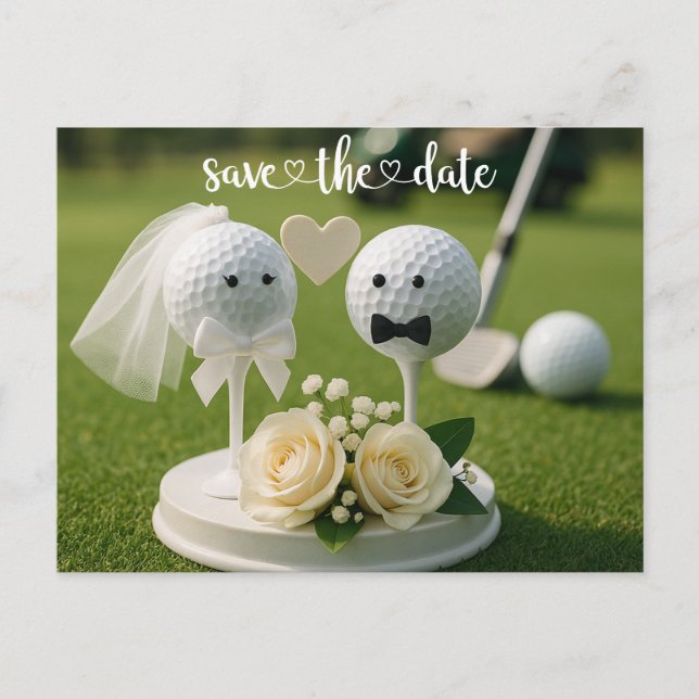 Cartão Postal Casamento de Golfe com duas bolas de golfe na gram (Frente)