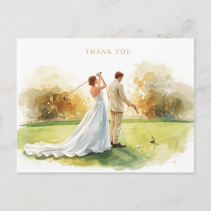 Cartão Postal Casamento de golfe com noiva e noivo com texto