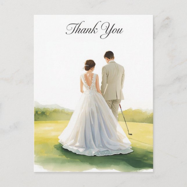 Cartão Postal Casamento de golfe com noiva e noivo com texto (Frente)