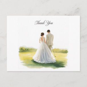 Cartão Postal Casamento de golfe com noiva e noivo com texto