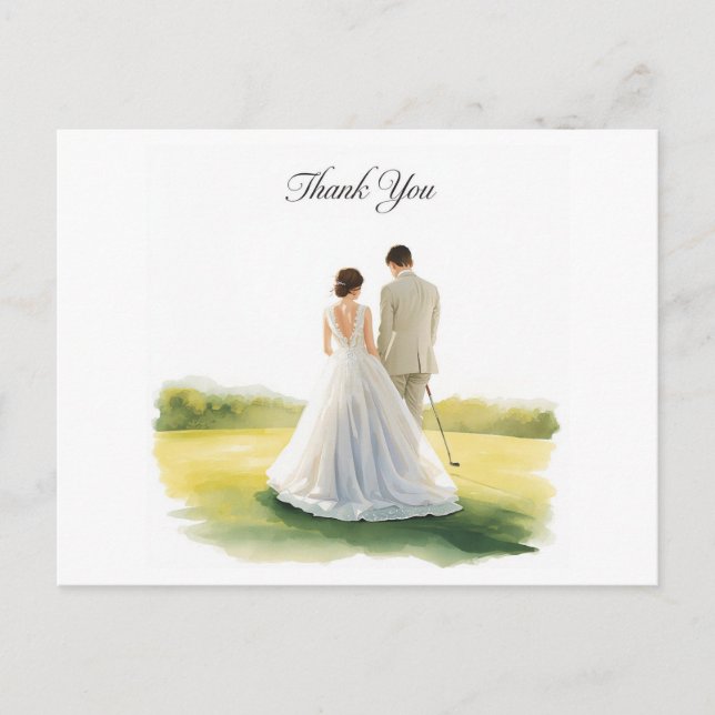 Cartão Postal Casamento de golfe com noiva e noivo com texto (Frente)