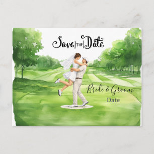 Cartão Postal Casamento de golfe Noiva e Noivo Salvar a data
