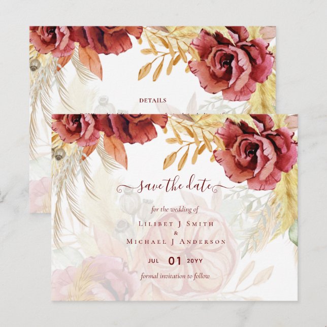 Cartão Postal Casamento de Grass Rosa Pampas Burgundy BOHO (Frente/Verso)