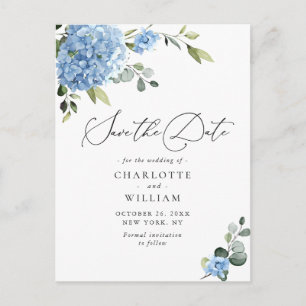 Cartão Postal Casamento de Hydrangea Azul Elegante Salvar a Data