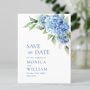 Cartão Postal Casamento de Hydrangea Azul Elegante Salvar a Data