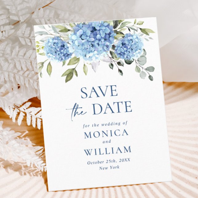 Cartão Postal Casamento de Hydrangea Azul Elegante Salvar a Data (Criador carregado)