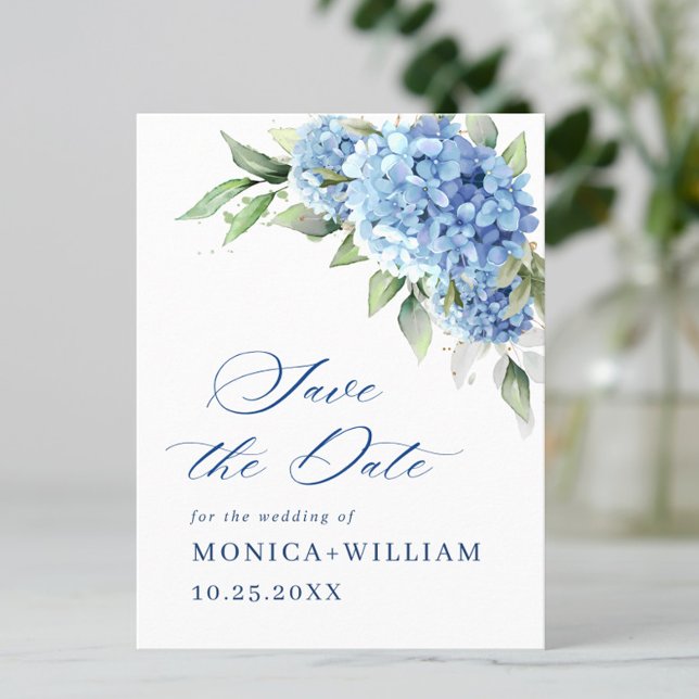 Cartão Postal Casamento de Hydrangea Azul Elegante Salvar a Data (Criador carregado)