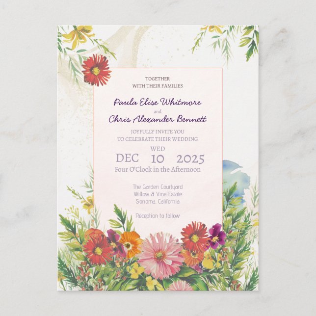 Cartão Postal Casamento de Jardim de Flores Silvestres com Aquar (Frente)