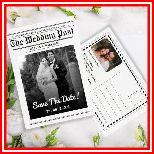 Cartão Postal Casamento de Jornal Moderno Elegante Salvar a Data
