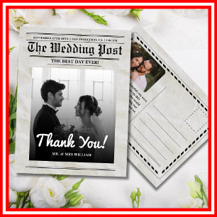 Cartão Postal Casamento de Jornal Único Agradecimento Elegante V