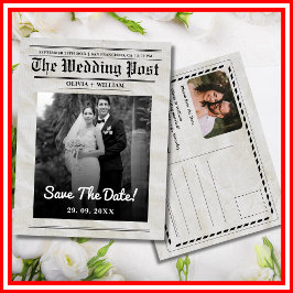 Cartão Postal Casamento de Jornal Vintage Elegante Salve A Data