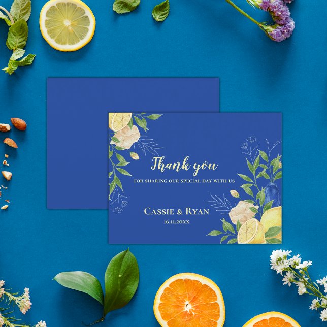 Cartão Postal Casamento De Limão Floral Azul Elegante Obrigado C (Elegant Blue Floral Lemon Wedding Thank You Cards)