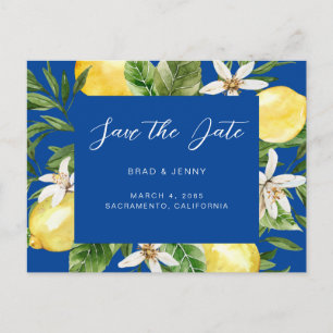 Cartão Postal Casamento de Limão Mediterrâneo Azul Salve a Data