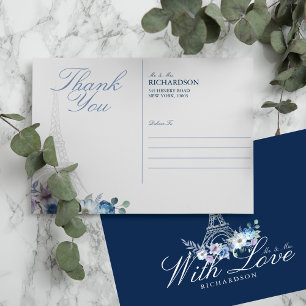 Cartão Postal Casamento de Marinho Floral de Watercolor Torre Pa