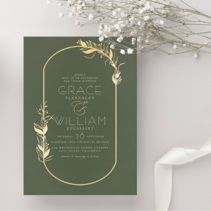 Cartão Postal Casamento de Moldura de Ouro Botânico Verde Sage