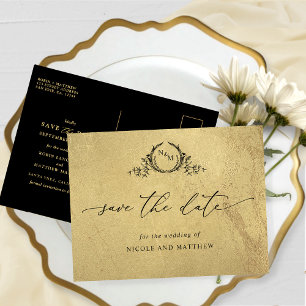 Cartão Postal Casamento de Monograma Dourado e Preto Salva a Dat
