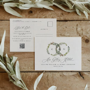 Cartão Postal Casamento de monograma floral com aquarela russa