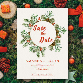 Cartão Postal Casamento de Natal Rustic Red Berries Salve a Data