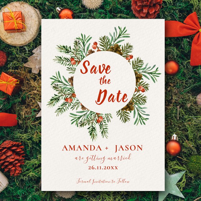 Cartão Postal Casamento de Natal Rustic Red Berries Salve a Data (Rustic Red Berries Christmas Wedding Save the Date Postcard)