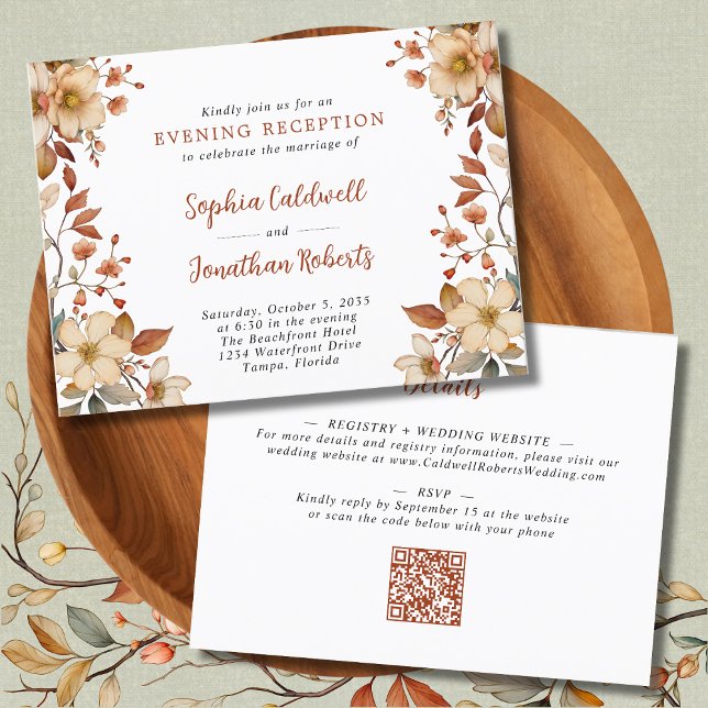 Cartão Postal Casamento de outono com flores selvagens à noite (Wildflowers Fall Colors Horizontal Evening Wedding Reception Invitation)