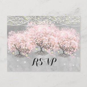 Cartão Postal Casamento de Pássaro Vintage Árvore Floresta Rosa