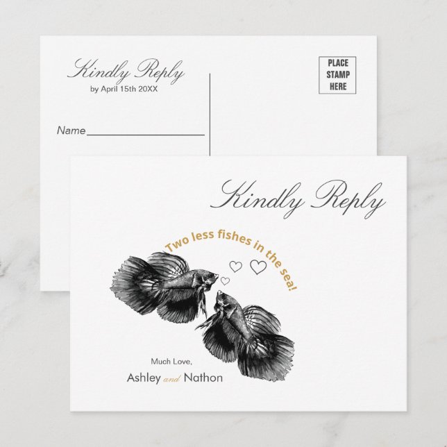 Cartão Postal Casamento de Peixes Dourados Elegante Preto (Frente/Verso)