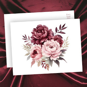 Cartão Postal Casamento de Peônias de Borgonha com Aquarela Flor