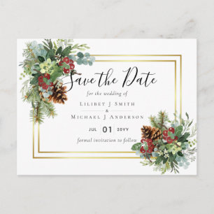 Cartão Postal Casamento de Pinus de Berries Vermelhos