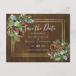 Cartão Postal Casamento de Pinus de Berries Vermelhos de inverno