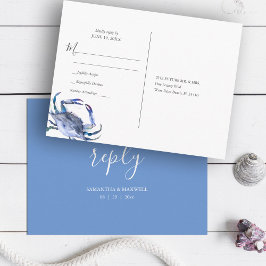 Cartão Postal Casamento de Praia RSVP Watercolor Blue Crab