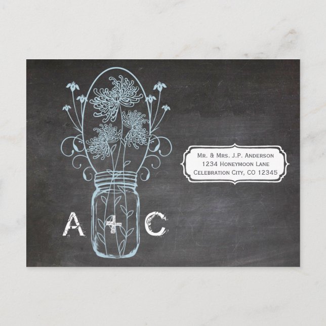 Cartão Postal Casamento de quadro negro leve azul Mason Jar (Verso)
