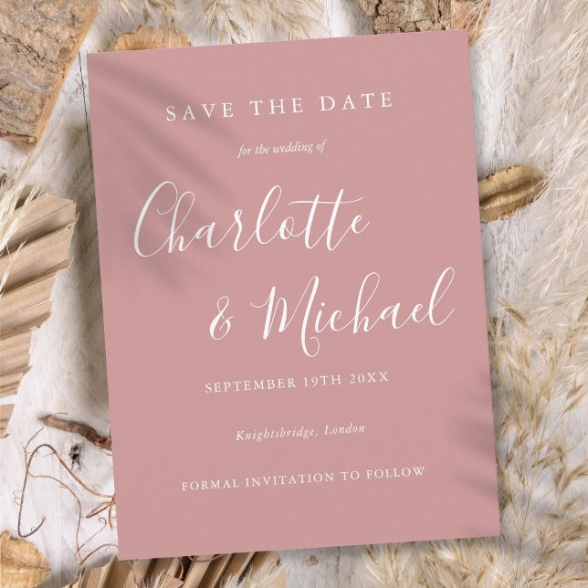 Cartão Postal Casamento de Rosa Dusty Elegante Salve a Data (Elegant Dusty Rose Script Wedding Save the Date Postcard)