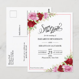 Cartão Postal Casamento De Rosa Floral De Aquarela Salva A Data