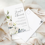 Cartão Postal Casamento de Rosas Brancas Elegantes e Hydrangeas<br><div class="desc">Com um popular esquema de cores neutro, este design de convite para casamento é convenientemente fornecido em um cartão de posto para envio econômico. O design do cartão magnético apresenta um buquê em cascata de florais brancos de aquarela com verde à direita. As flores incluem rosas, híbridos e flores misturadas...</div>